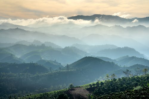 View of Hills and Mountains Covered by Clouds and Fog 