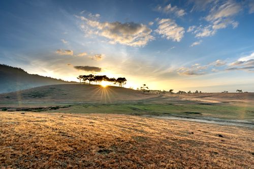 Free Scenic sunrise over a hill with a glowing sun and vibrant sky in a pastoral landscape. Stock Photo