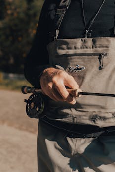 Detailed view of a person holding a fishing rod, capturing the serenity of outdoor fishing.