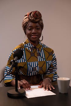 African woman in vibrant attire hosting podcast. Indoor setting, microphone and coffee mug on table.