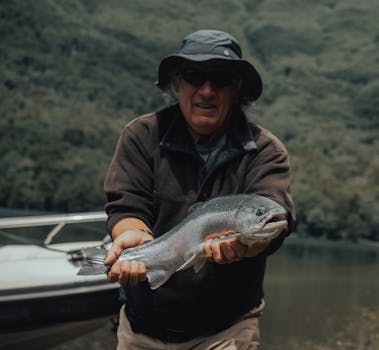 A senior man proudly displays a freshly caught fish while fishing outdoors near a scenic lake.