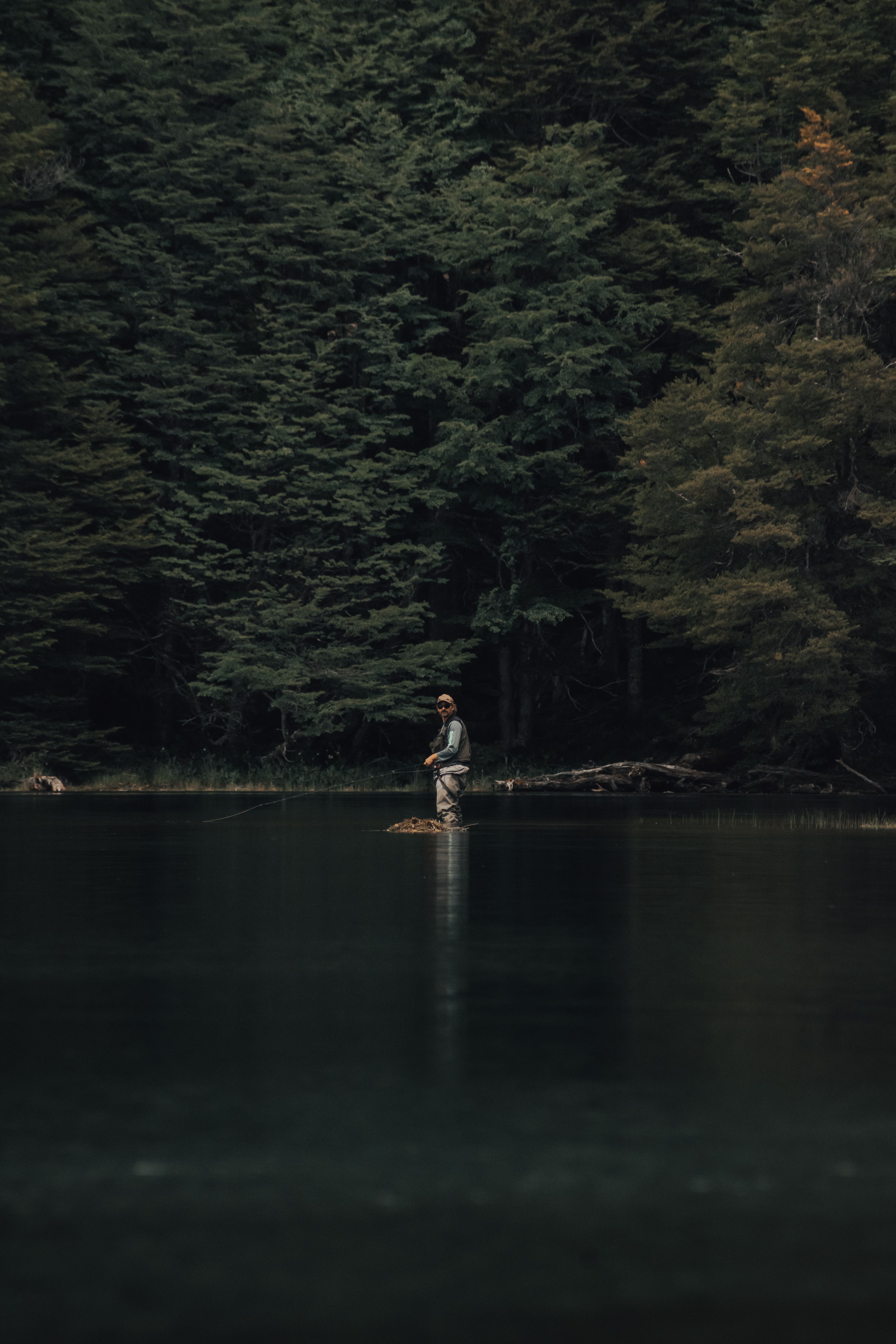 A lone fisherman casting a line into a calm, forest-surrounded lake at dusk.