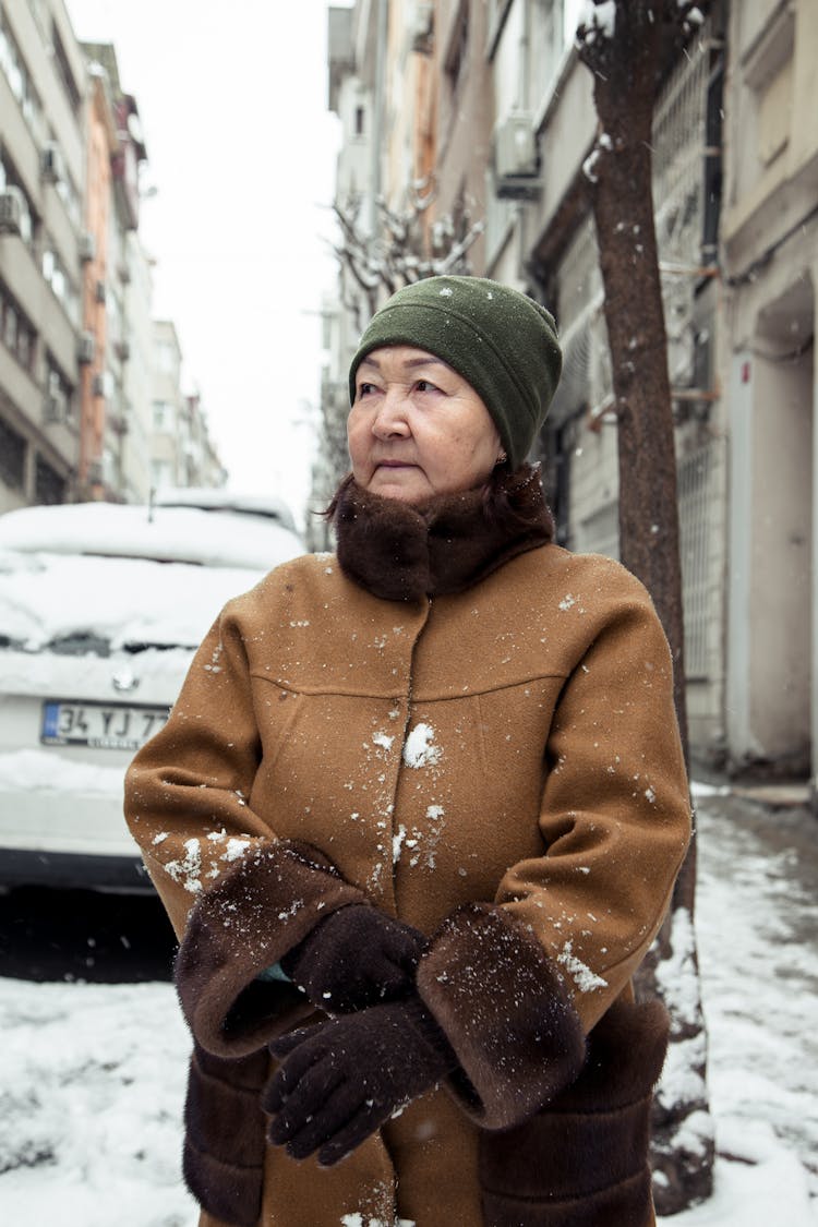 Senior Asian Woman In Warm Clothes Standing On Street In Winter Day