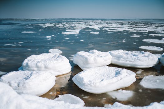 A serene view of icy formations on a wintery coastal landscape under a clear blue sky.