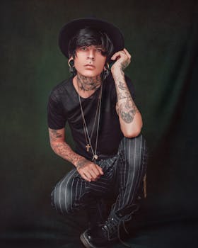 Young tattooed man wearing a black hat and striped pants, embodying individuality and style.