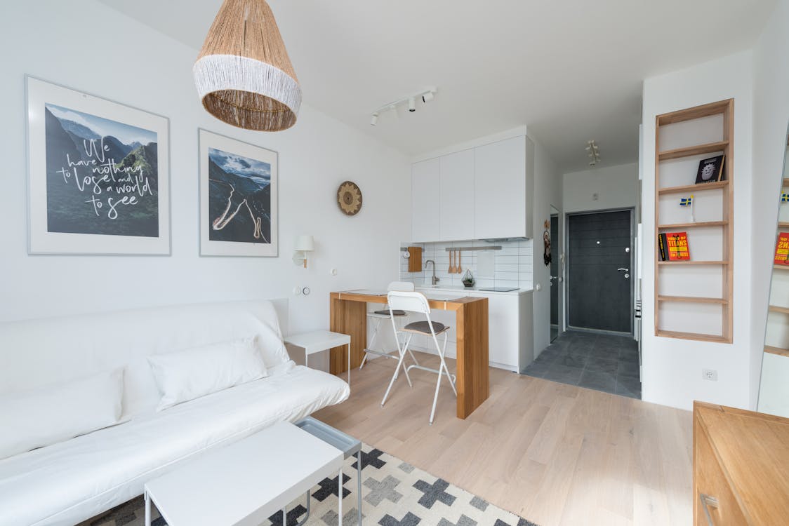 Minimalist wooden furniture in modern studio apartment with white sofa and kitchen cupboards in sunlight