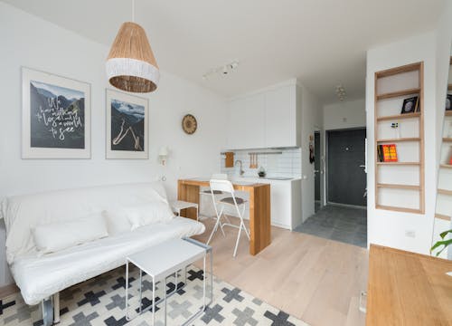 Light apartment with white walls and wooden furniture and decorative elements