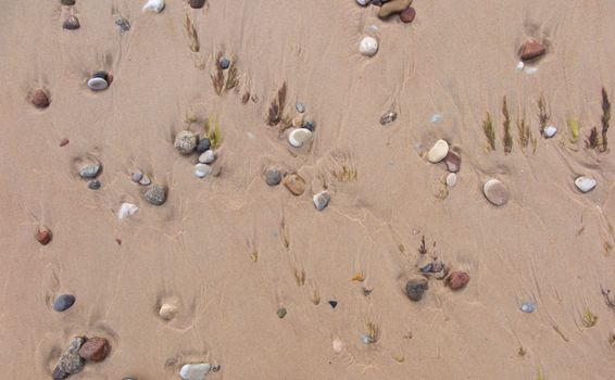 A textured beach scene with pebbles and grass on sand, offering a calming nature view.