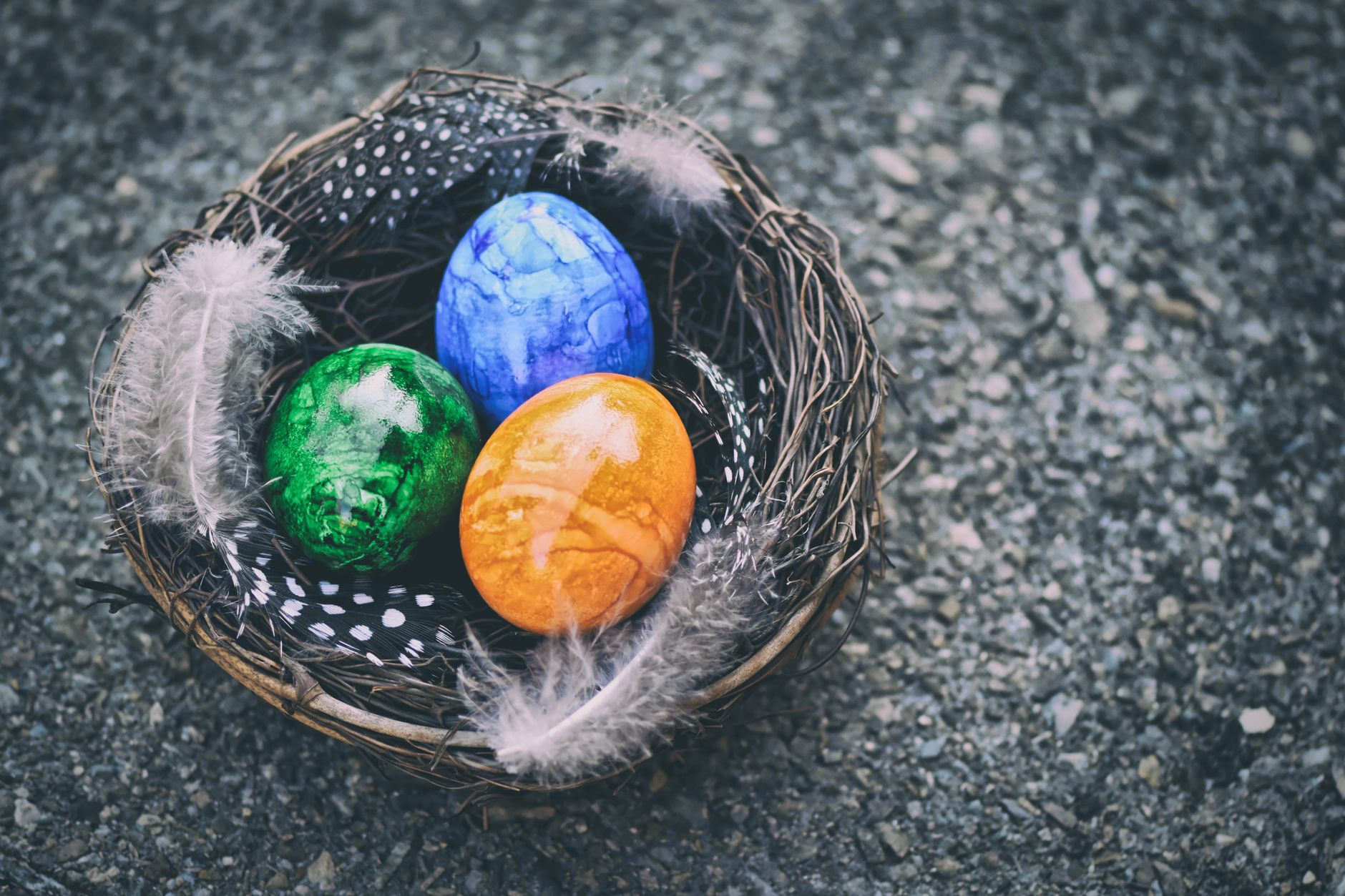 Delicious Chocolate Easter Egg Nests: A Fun Dessert Recipe Vibrant colored eggs in a nest with feathers, perfect for Easter celebrations.
