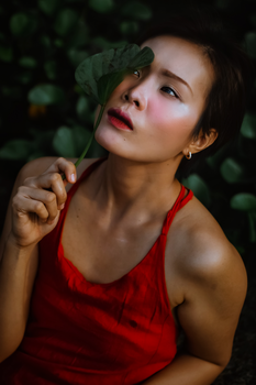 Pensive young Asian lady in red dress looking away with green plant leaf in hand in countryside in daytime