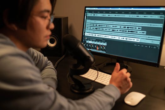 Sound engineer working on audio editing with a computer in a recording studio.