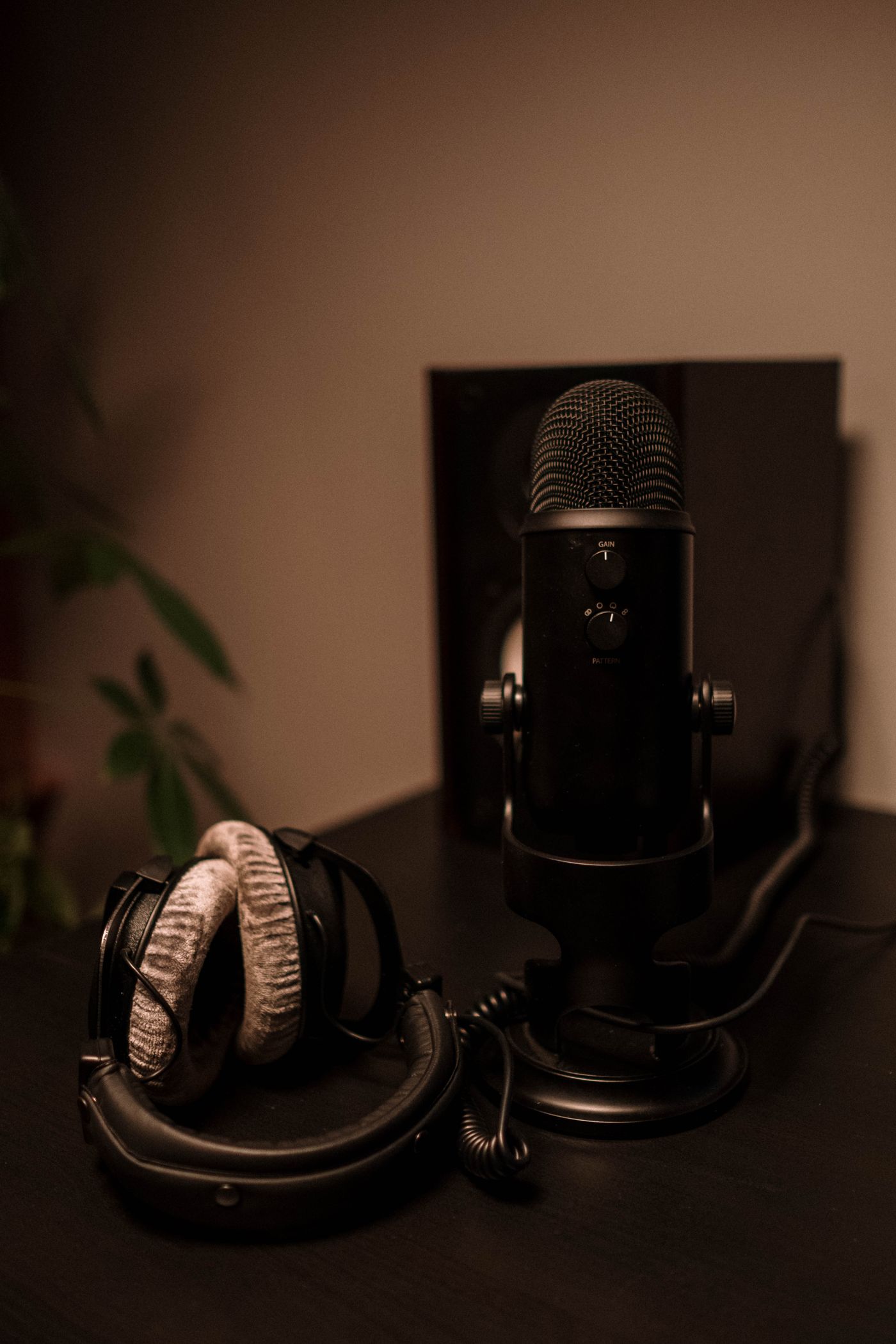 Studio microphone on a desk in warm light