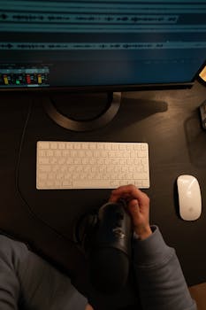 A detailed view of a person using a microphone and computer setup in a recording studio.