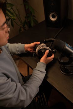 Adult male wearing eyeglasses holding headphones at a desk with microphone indoors.