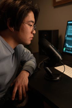 Focused young man using a microphone for podcast recording in a dimly lit studio.