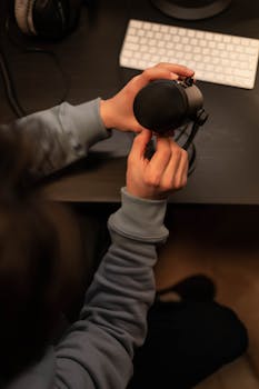 Close-up of a person adjusting a condenser microphone, ideal for recording studio concepts.