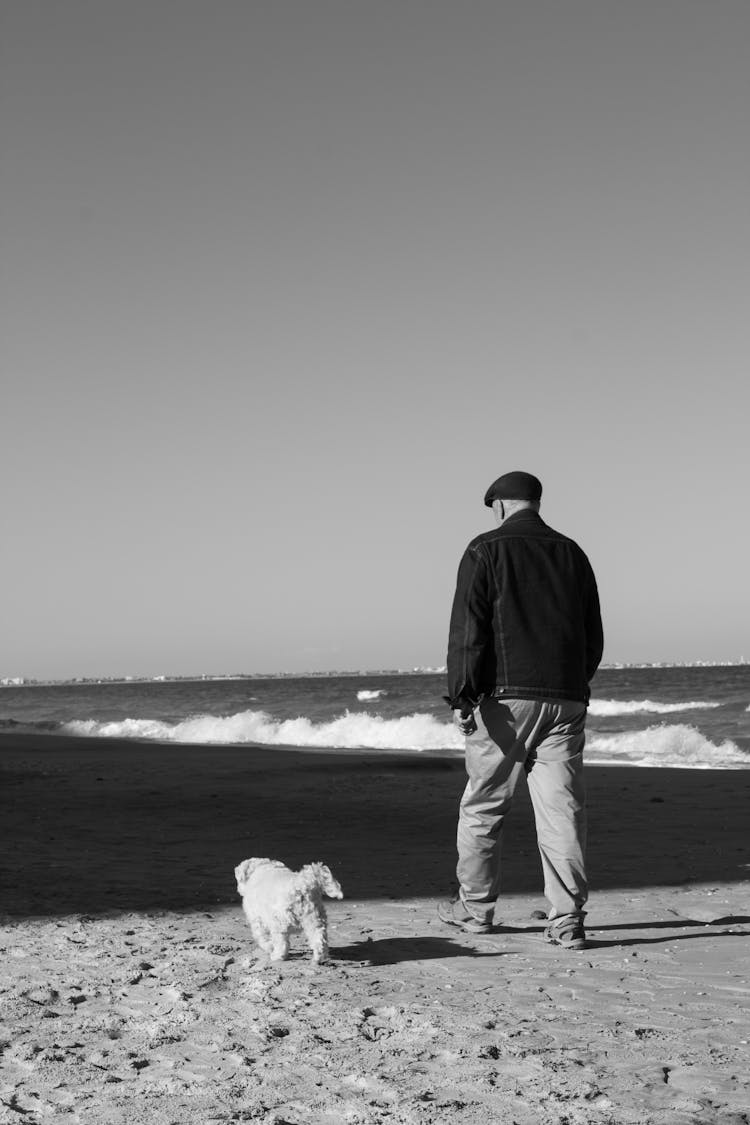 
A Grayscale Of A Man Walking On A Beach With His Pet Dog