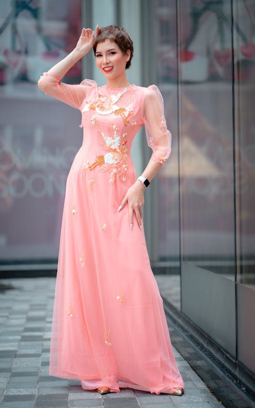 Woman in Pink Floral Gown