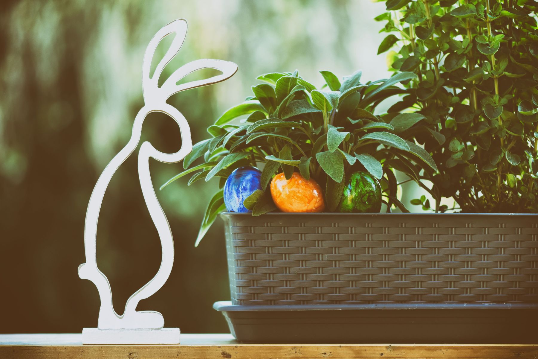 Easter eggs and a bunny figure beside a green potted plant