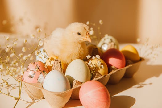 A cute chick sits among pastel Easter eggs, with delicate flowers in a soft, warm setting.
