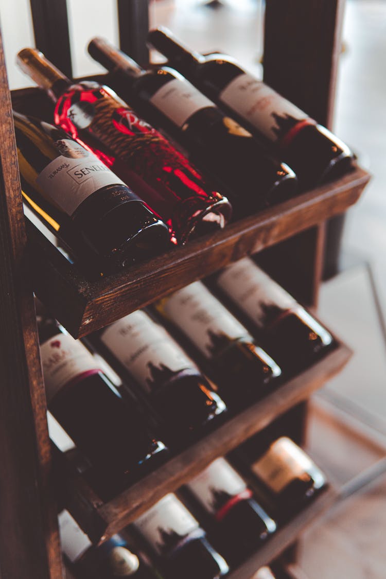 Wine Bottles On The Wooden Wine Rack