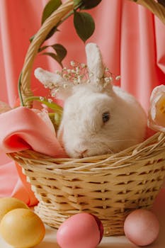 Charming Easter scene with a white rabbit in a basket surrounded by colorful eggs and flowers.
