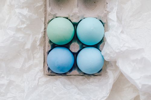 Free Four pastel-colored Easter eggs in a carton on crumpled paper. Perfect for spring decorations. Stock Photo