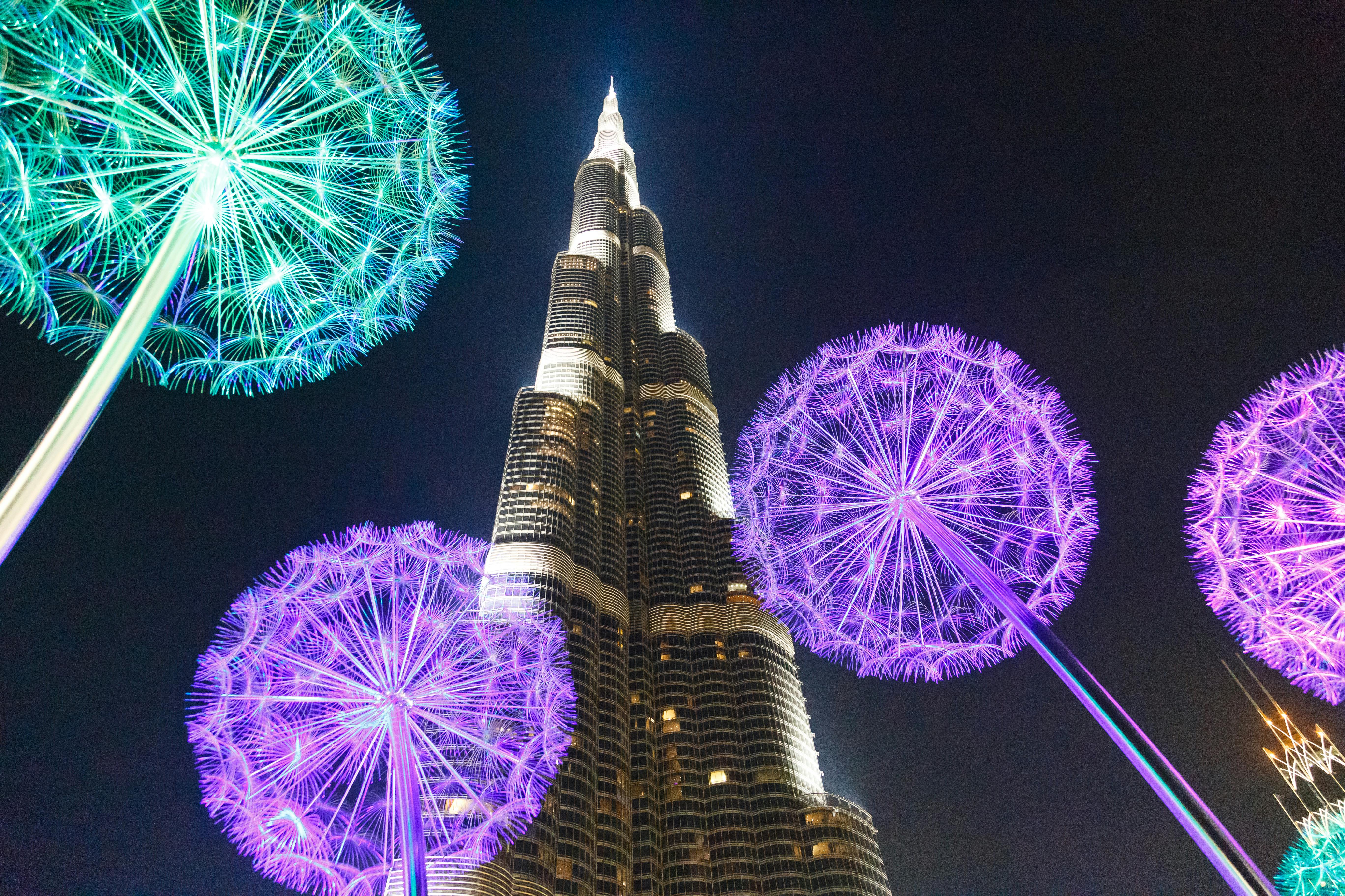 The Burj Khalifa with Illuminated Flowers in Dubai, UAE · Free Stock Photo