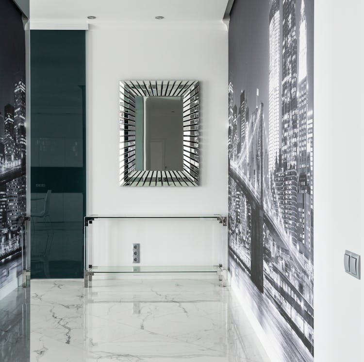 Apartment Interior With Mirror And Table Near City Wall Mural