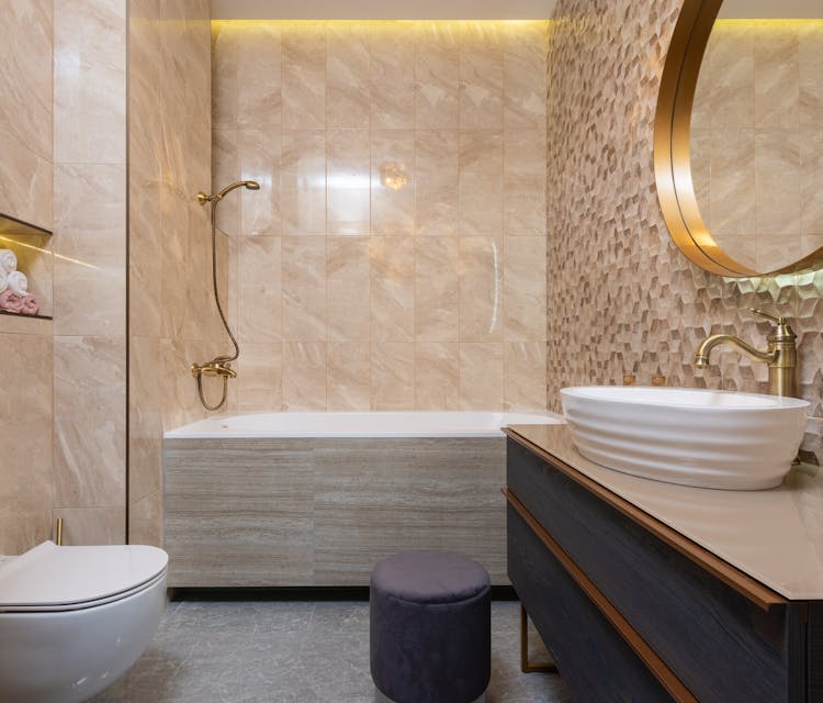 Modern Bathroom Interior With Bath Under Shower