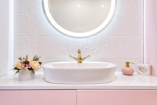Interior of modern bathroom with luminous mirror hanging under sink with faucet near blooming flowers and soap