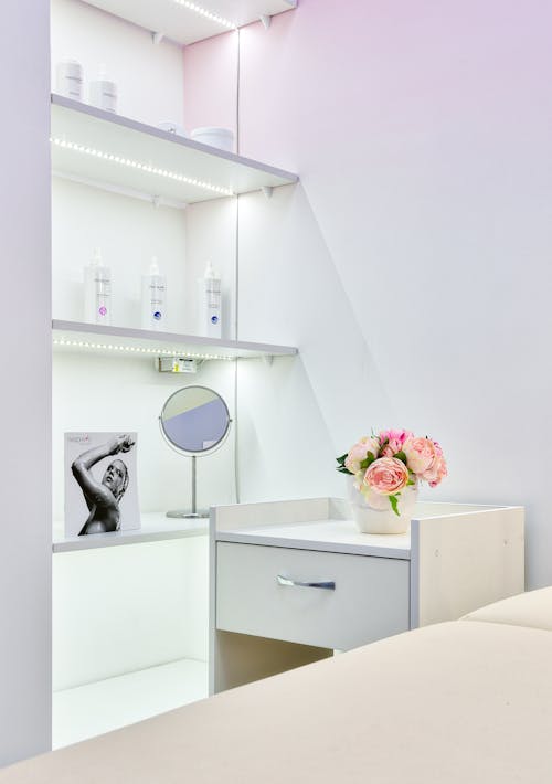 Skincare products on shelves in beauty salon