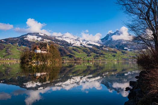 Stunning reflection of snowy mountains on Lake Lauerz in a serene spring landscape.