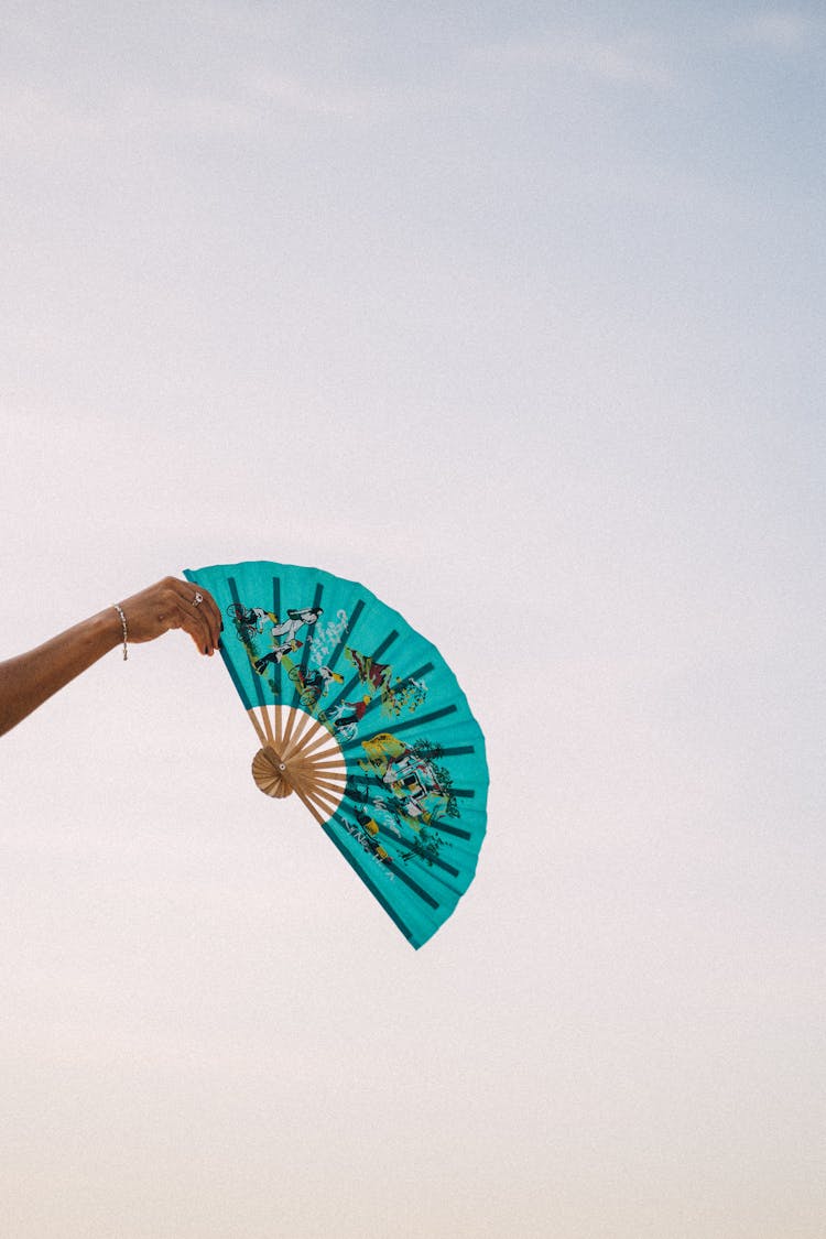 Person Holding A Blue Hand Fan 