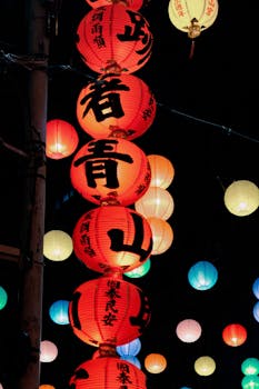 Vibrant Chinese lanterns illuminate the night in a Taipei City festival scene.