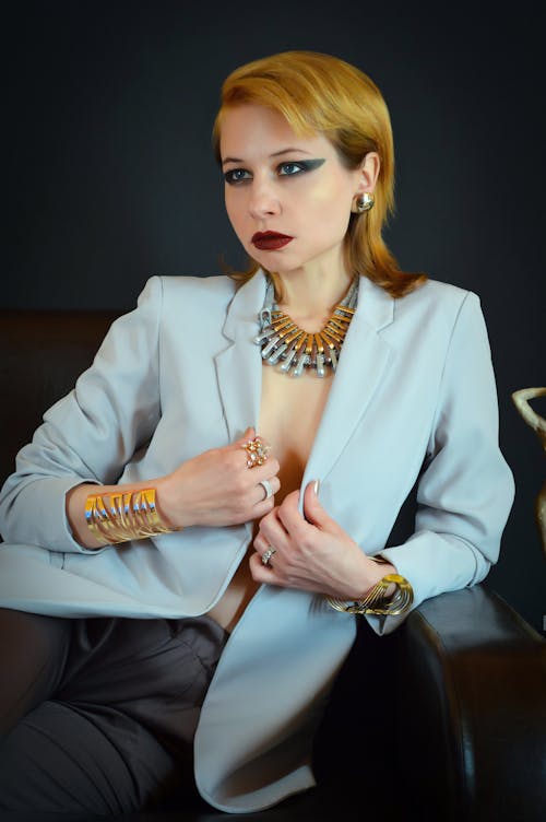 Elegant woman in stylish outfit with accessories