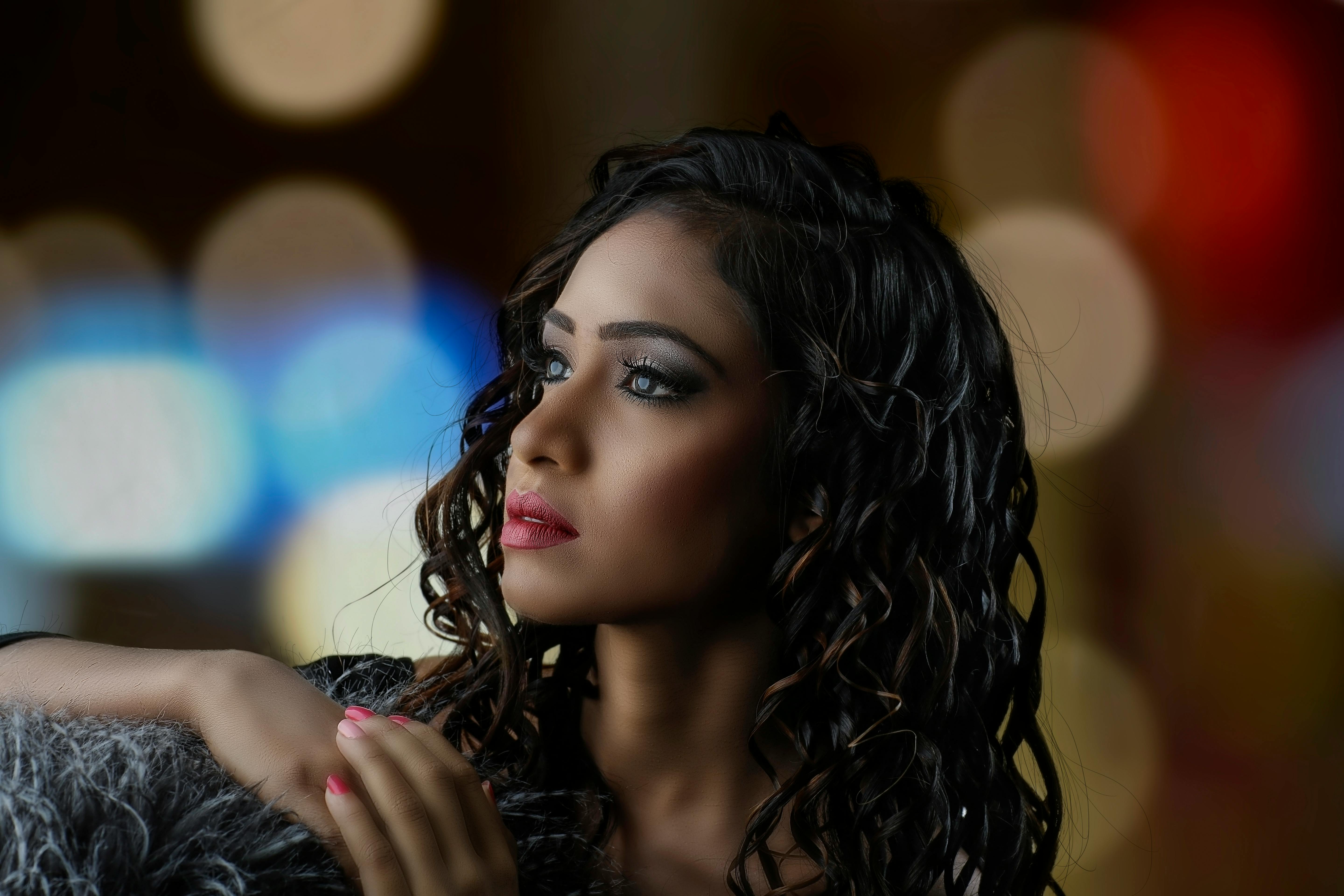 Bokeh Photography And Portrait Of Curly Haired Woman Free Stock