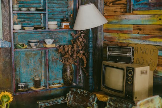 A vintage interior featuring retro TV, camera, and rustic decor elements for a nostalgic ambiance.