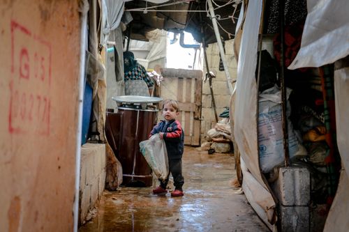 Free Full body of adorable little boy with package looking at camera in weathered house Stock Photo