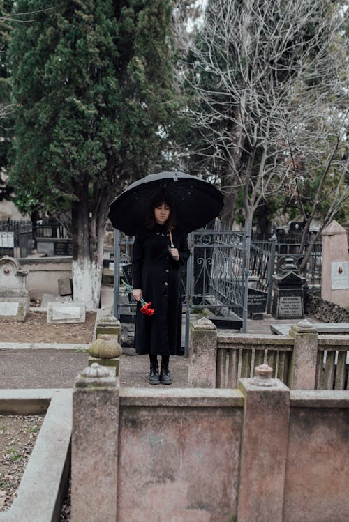 Free Woman in Black Long Sleeves Dress holding Black Umbrella Stock Photo