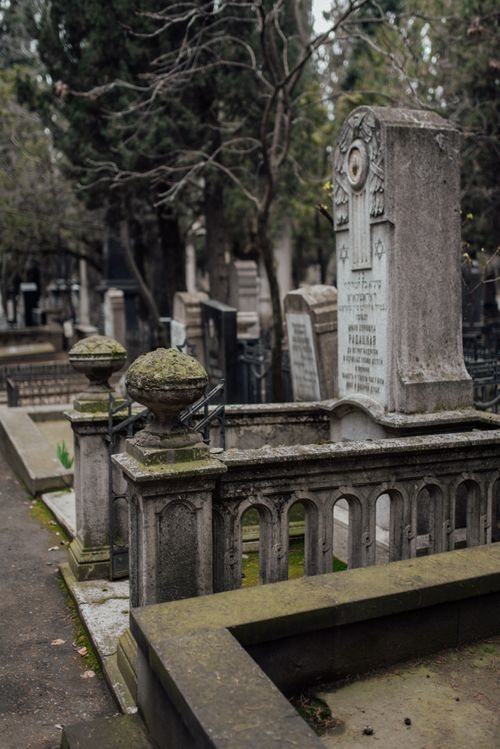 Free Peaceful cemetery scene with aged gravestones and moss-covered stones in a serene outdoor setting. Stock Photo
