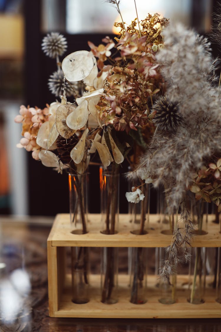 Dried Flowers On A Wooden Test Tube Rack