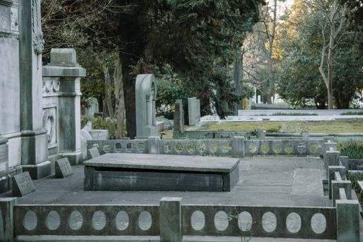 Stone graves among green trees