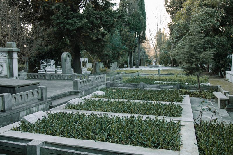 Jardim de cemitério com canteiros de plantas ao redor dos túmulos, exemplo de jardim em homenagem a quem faleceu