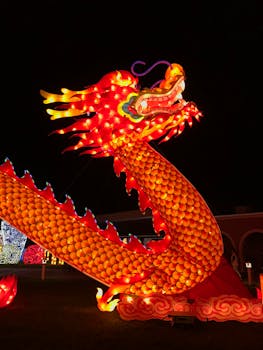 Brightly lit dragon decoration at a Chinese festival night, celebrating tradition.