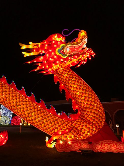 Brightly lit dragon decoration at a Chinese festival night, celebrating tradition.