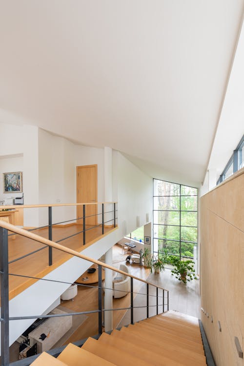 Modern timber brown steps in large apartment with green plants and white ceilings