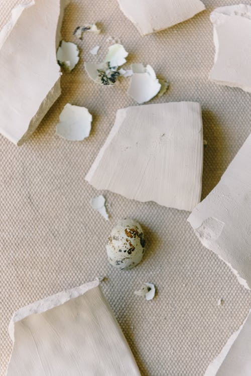 A Close-Up Shot of Ceramic Shards and Cracked Egg Shells