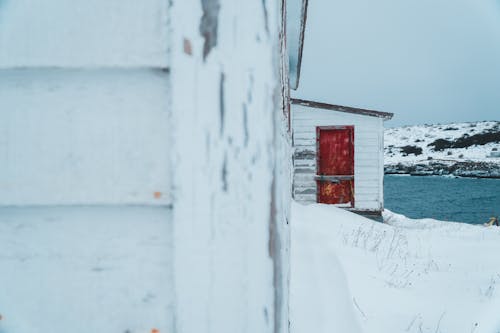 Ilmainen kuvapankkikuva tunnisteilla lumen peitossa, puinen, punainen ovi Kuvapankkikuva