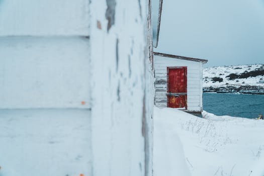 A rustic red door on a wooden building by a snowy shore, portraying a serene winter scene.
